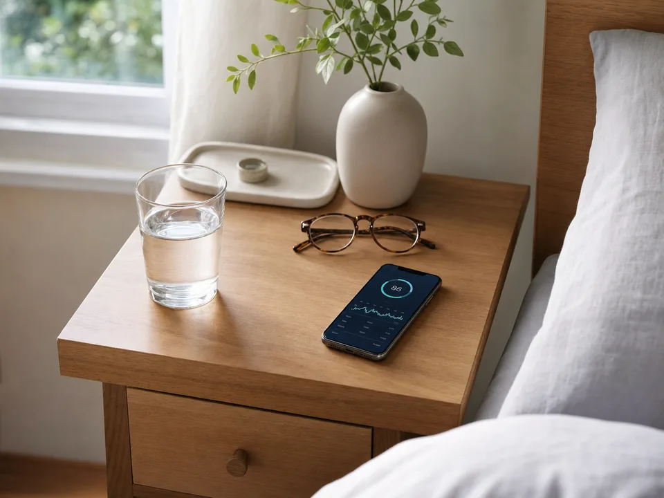 Nachttisch am Morgen mit Wasserglas und Schlaf-App